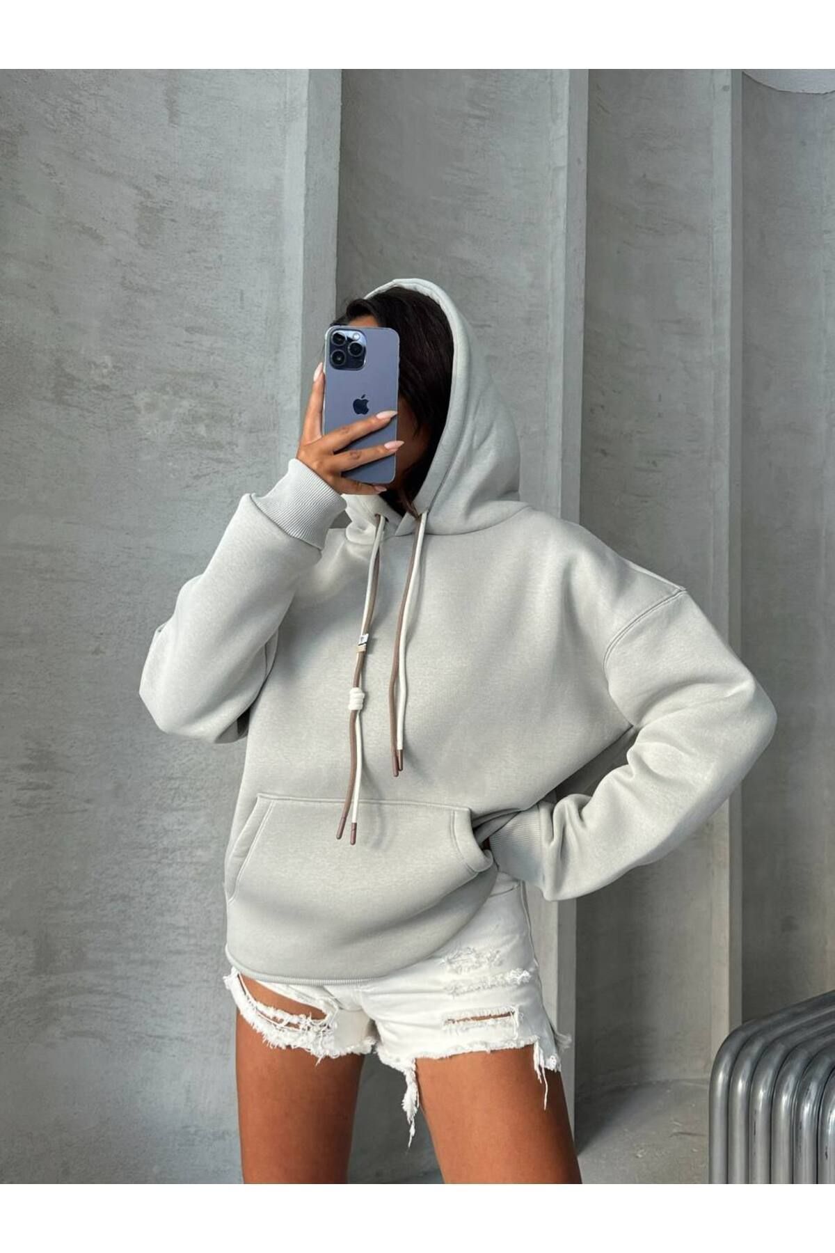 Bağcık Detay Oversize Kadın Sweatshirt GRİ - S
