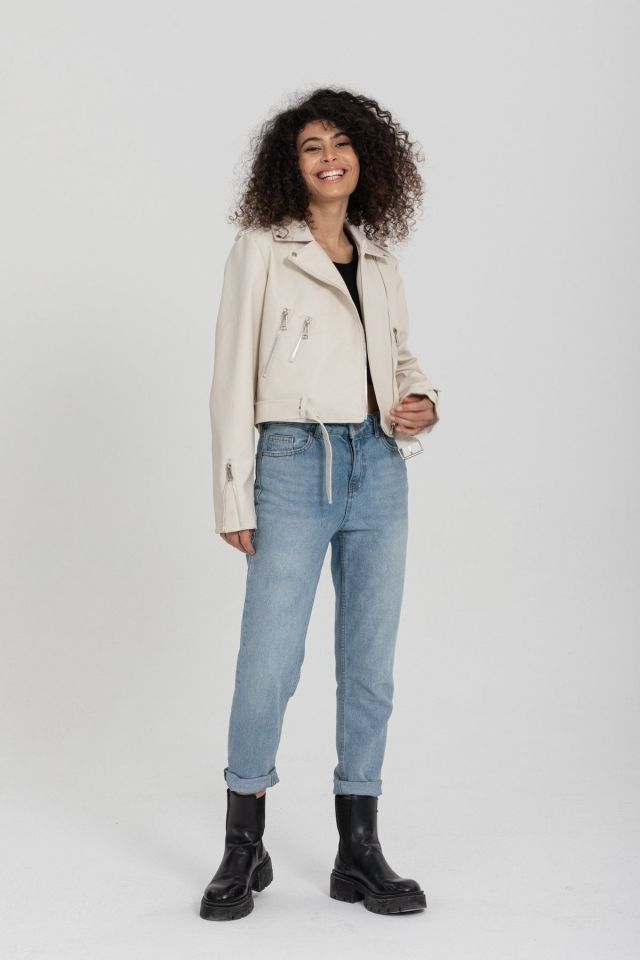 Kadın Kemerli Deri Ceket Slim Fit KIRIK BEYAZ - M
