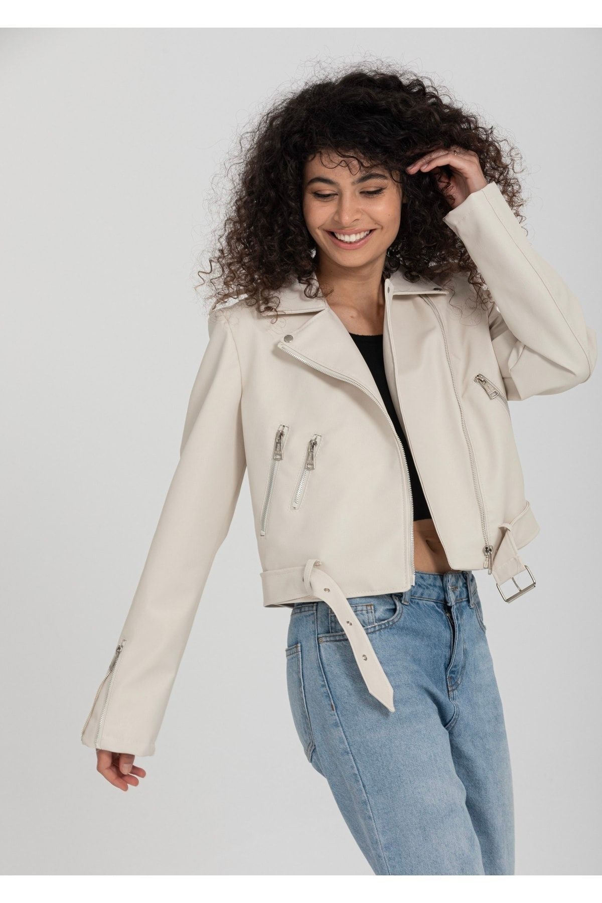 Kadın Kemerli Deri Ceket Slim Fit KIRIK BEYAZ - M