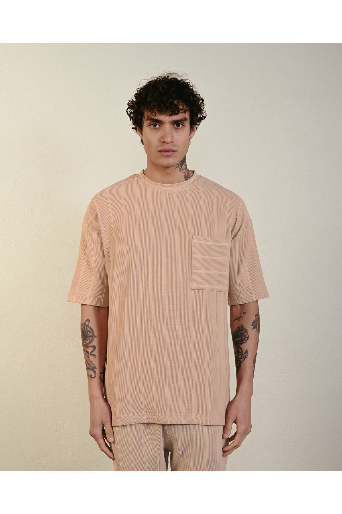 Cepli Çizgi Detay Oversize Tshirt Bej - M