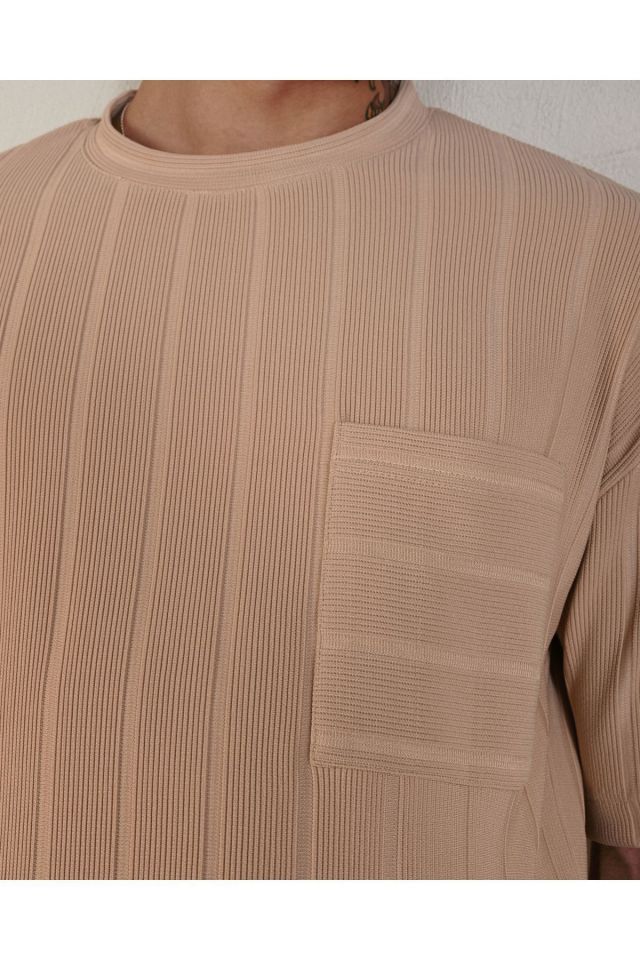 Cepli Çizgi Detay Oversize Tshirt Bej - M