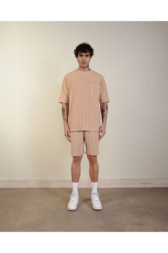 Cepli Çizgi Detay Oversize Tshirt Bej - M