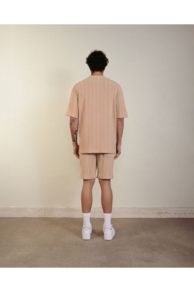 Cepli Çizgi Detay Oversize Tshirt Bej - M