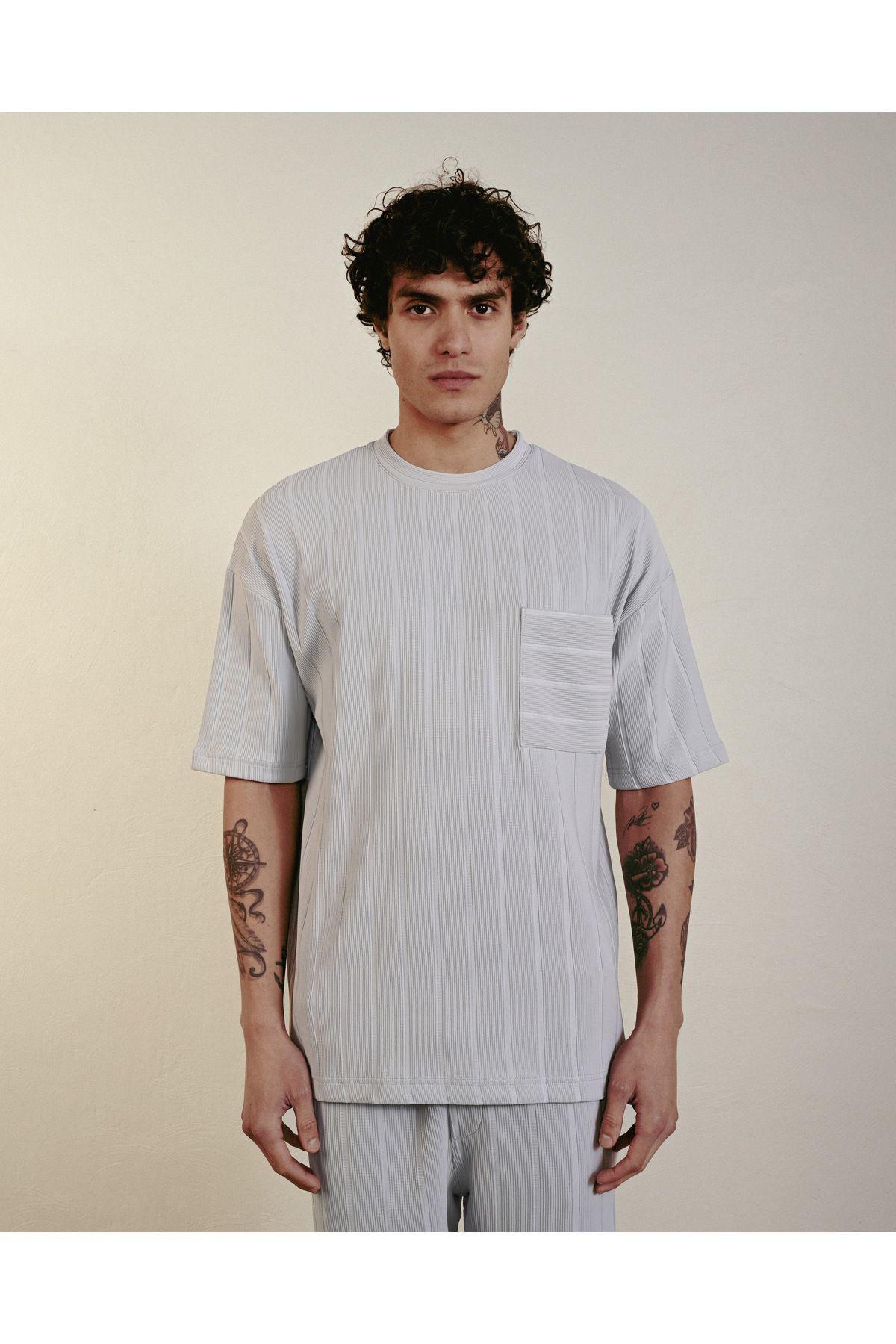 Cepli Çizgi Detay Oversize Tshirt GRİ - L