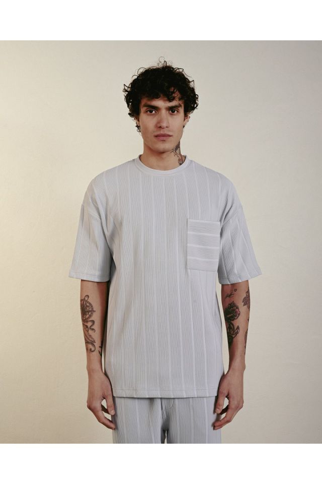 Cepli Çizgi Detay Oversize Tshirt GRİ - L