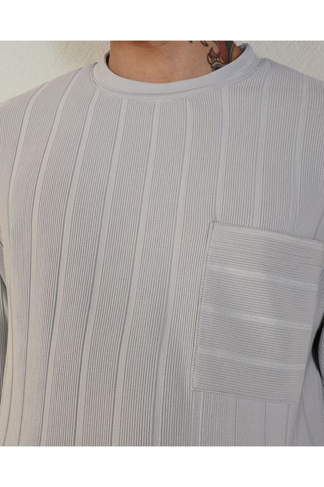Cepli Çizgi Detay Oversize Tshirt GRİ - L
