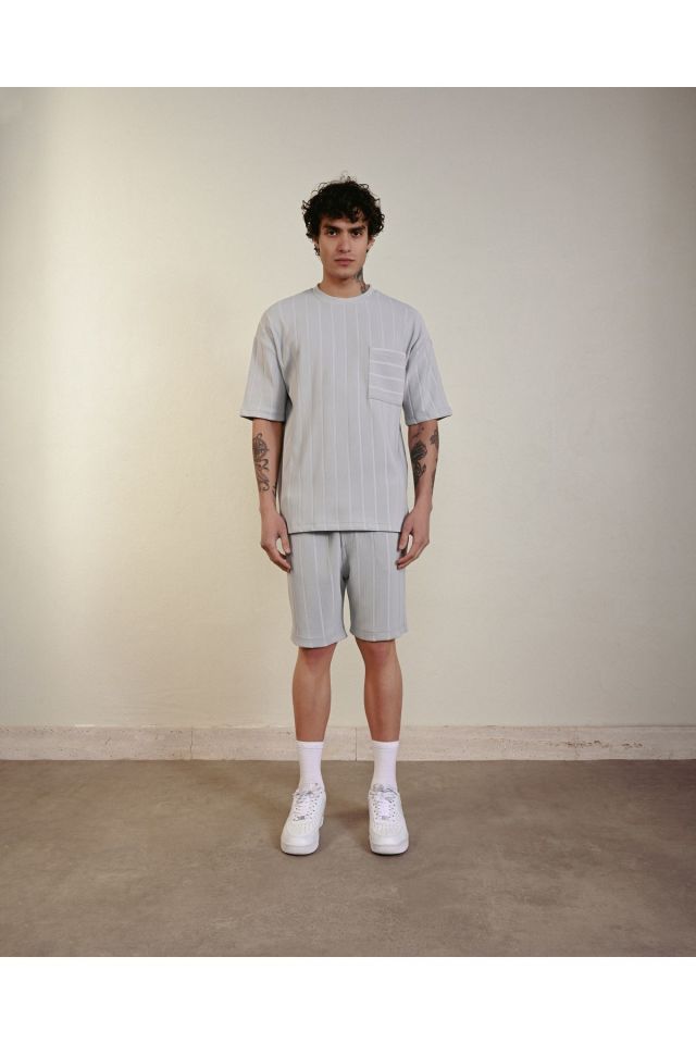 Cepli Çizgi Detay Oversize Tshirt GRİ - L