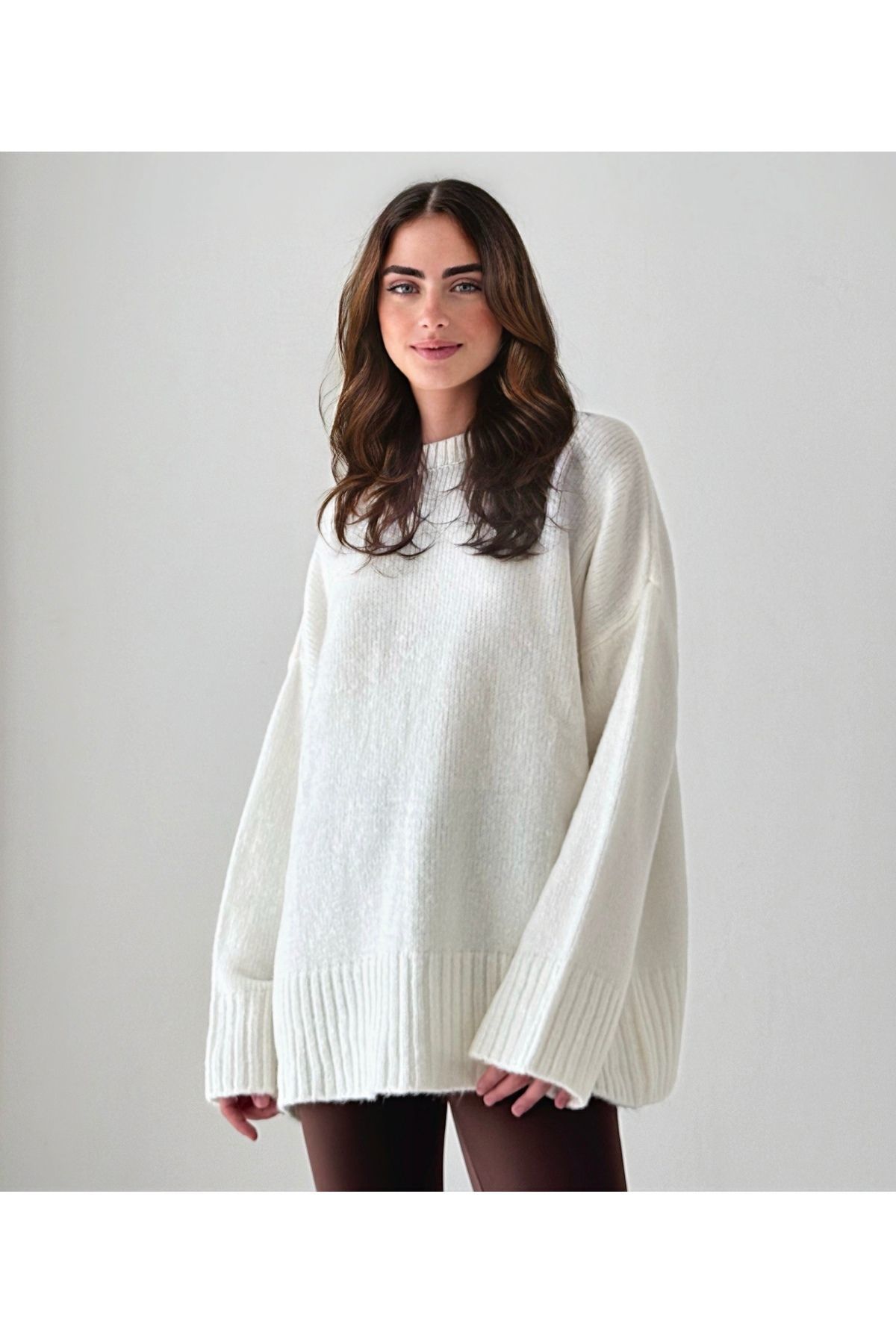 Oversize Basic Uzun Kadın Kazak EKRU - Standart