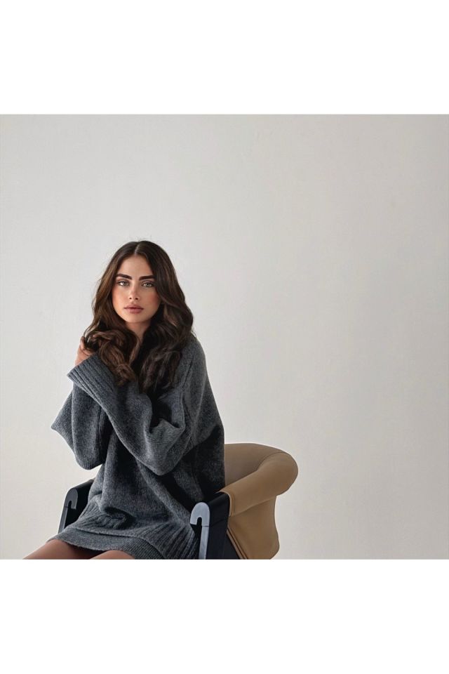 Oversize Basic Uzun Kadın Kazak FÜME - Standart