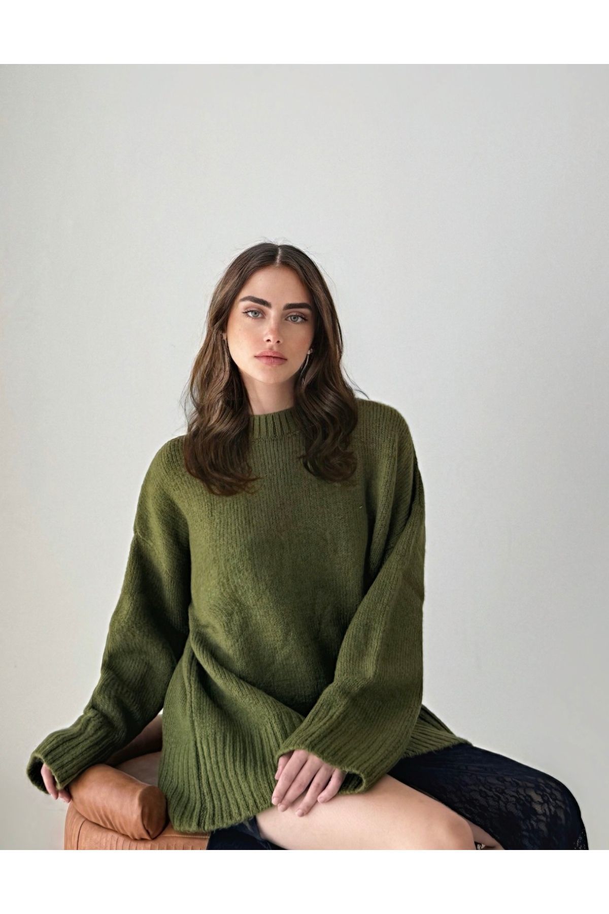 Oversize Basic Uzun Kadın Kazak HAKİ - Standart