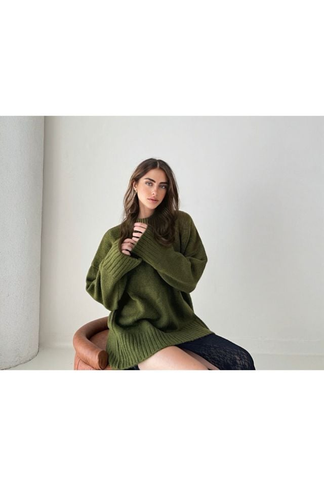 Oversize Basic Uzun Kadın Kazak HAKİ - Standart