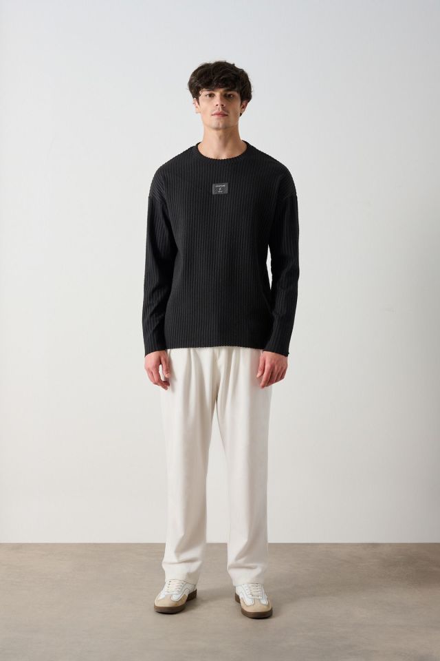 Fitilli Ön Detay Oversize Erkek Sweatshirt SİYAH - M