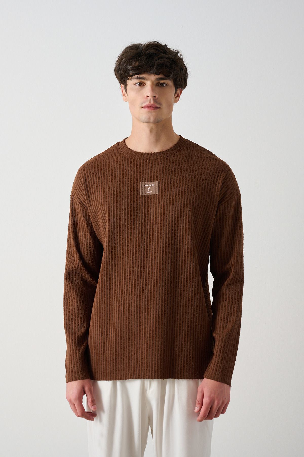 Fitilli Ön Detay Oversize Erkek Sweatshirt KAHVE - M