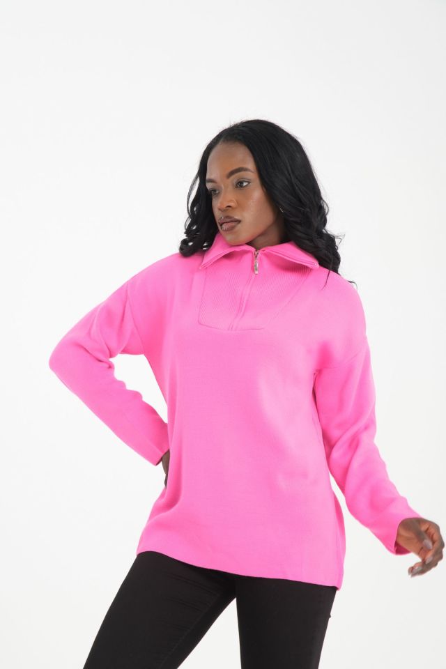 Fermuarlı Oversize Kadın Triko Kazak PEMBE - Standart