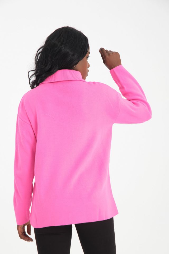 Fermuarlı Oversize Kadın Triko Kazak PEMBE - Standart