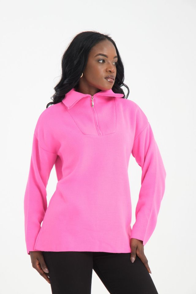 Fermuarlı Oversize Kadın Triko Kazak PEMBE - Standart