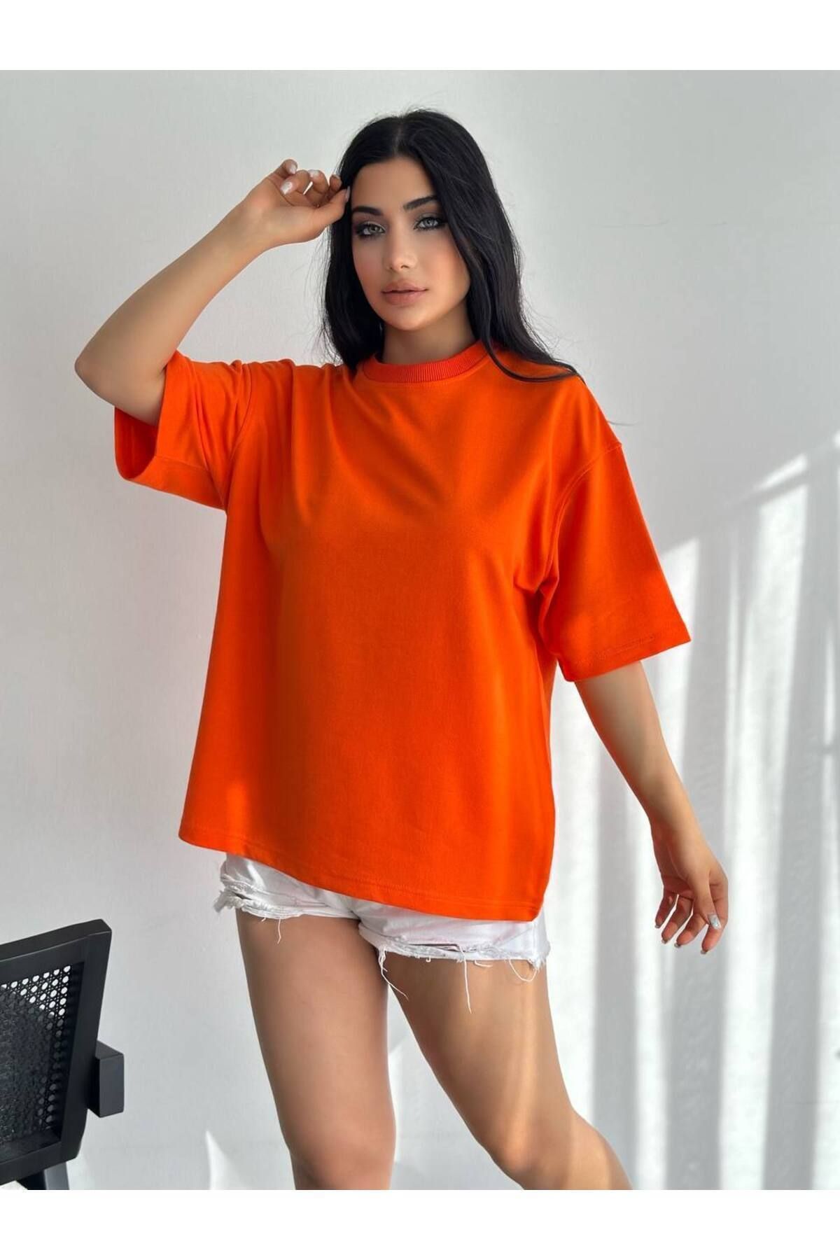 Pamuklu Unisex Oversize Basic T-shirt TURUNCU - L