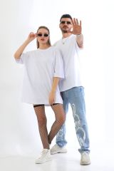 Pamuklu Unisex Oversize Basic T-shirt BEYAZ - L