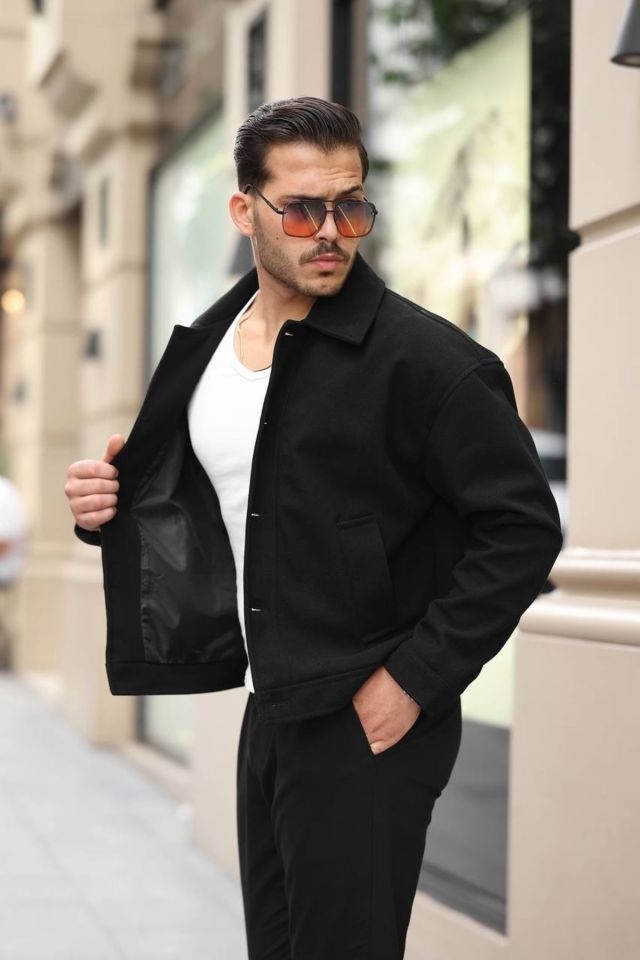 Oversize Kaşe Erkek Bomber Ceket SİYAH - XL