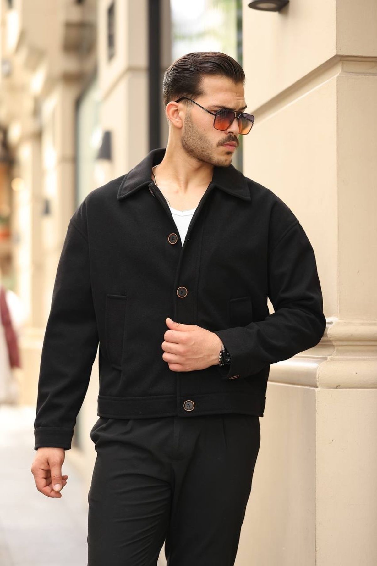 Oversize Kaşe Erkek Bomber Ceket SİYAH - XL