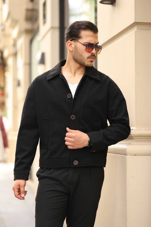 Oversize Kaşe Erkek Bomber Ceket SİYAH - XL