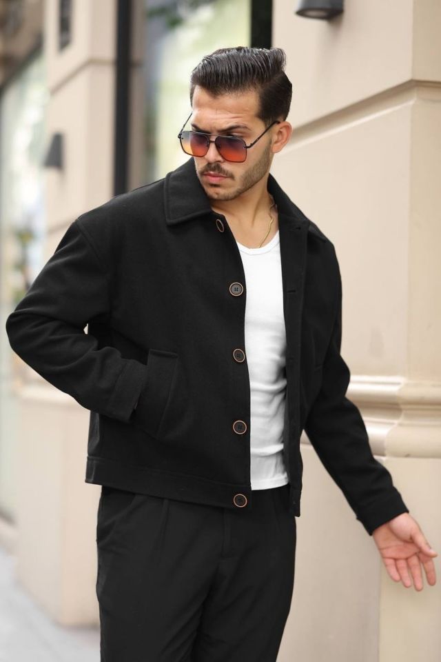 Oversize Kaşe Erkek Bomber Ceket SİYAH - XL