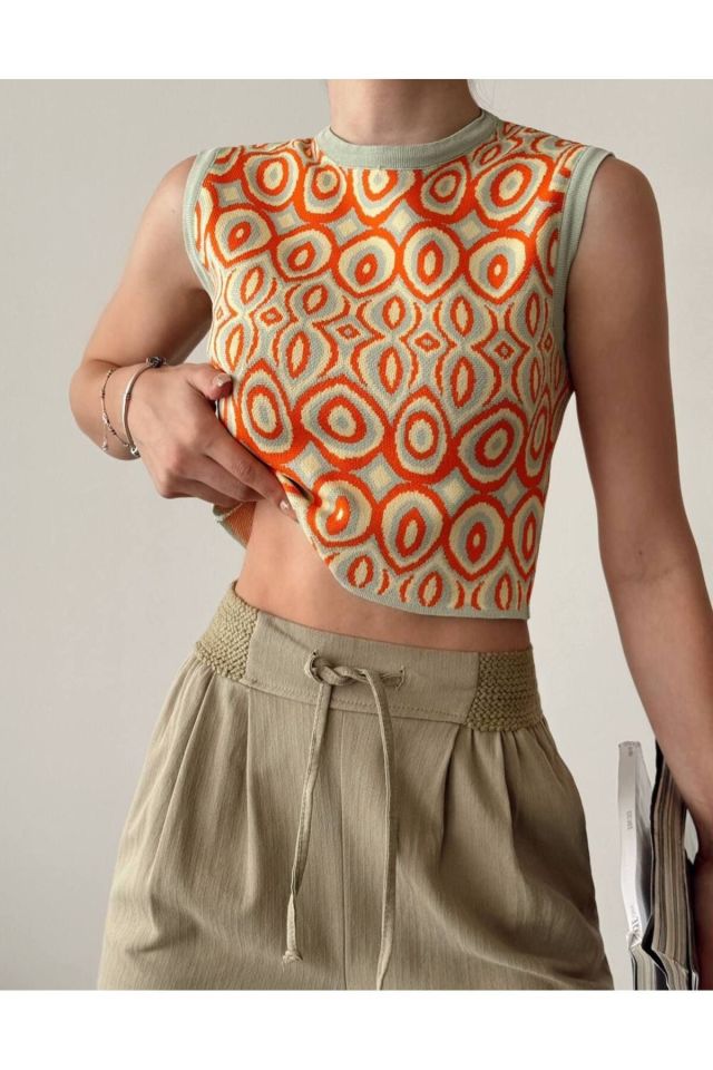 Çizgili Crop Kadın Triko TURUNCU SARI