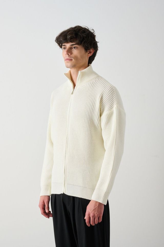 Fermuarlı Premium Selanik Örgü Unisex Hırka EKRU - S