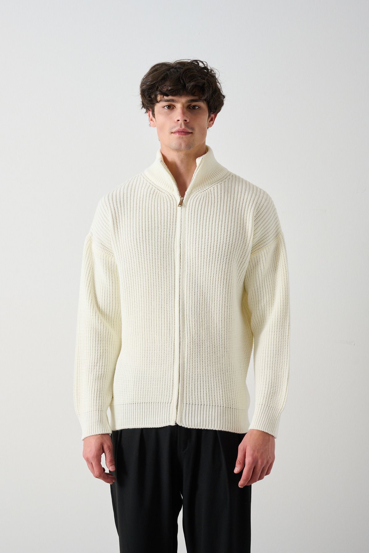 Fermuarlı Premium Selanik Örgü Unisex Hırka EKRU - S