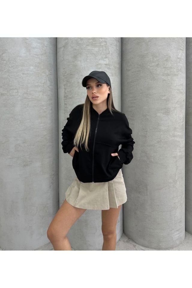 Modal Kumaş Fermuarlı Bomber Sweatshirt SİYAH - S