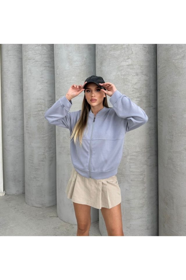 Modal Kumaş Fermuarlı Bomber Sweatshirt GRİ - M