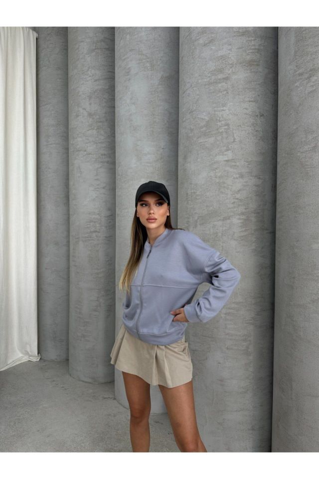 Modal Kumaş Fermuarlı Bomber Sweatshirt GRİ - M