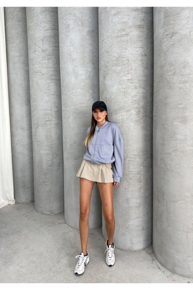 Modal Kumaş Fermuarlı Bomber Sweatshirt GRİ - M