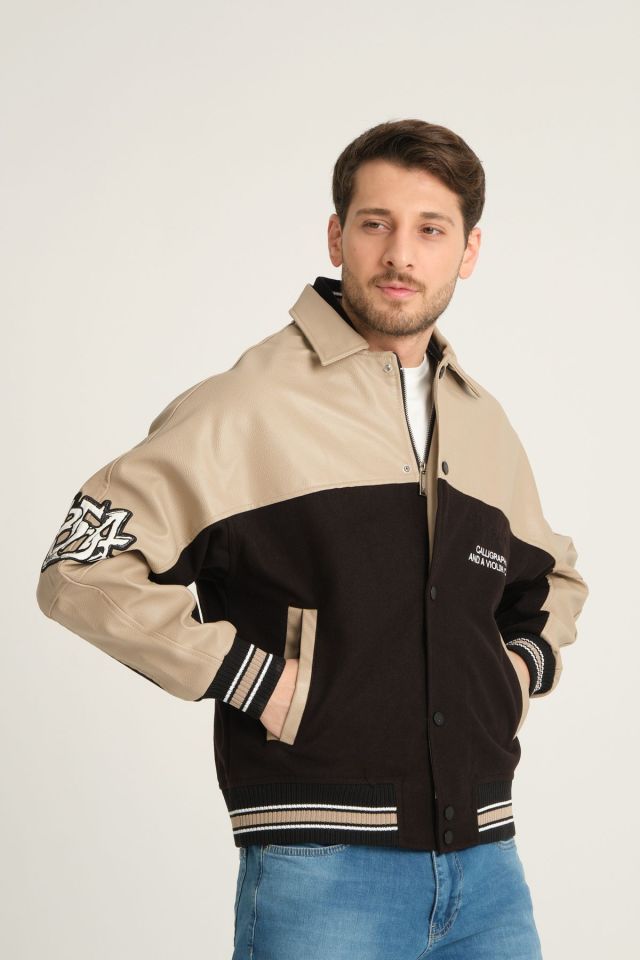 Deri Oversize Unisex Kolej Ceket KREM - L