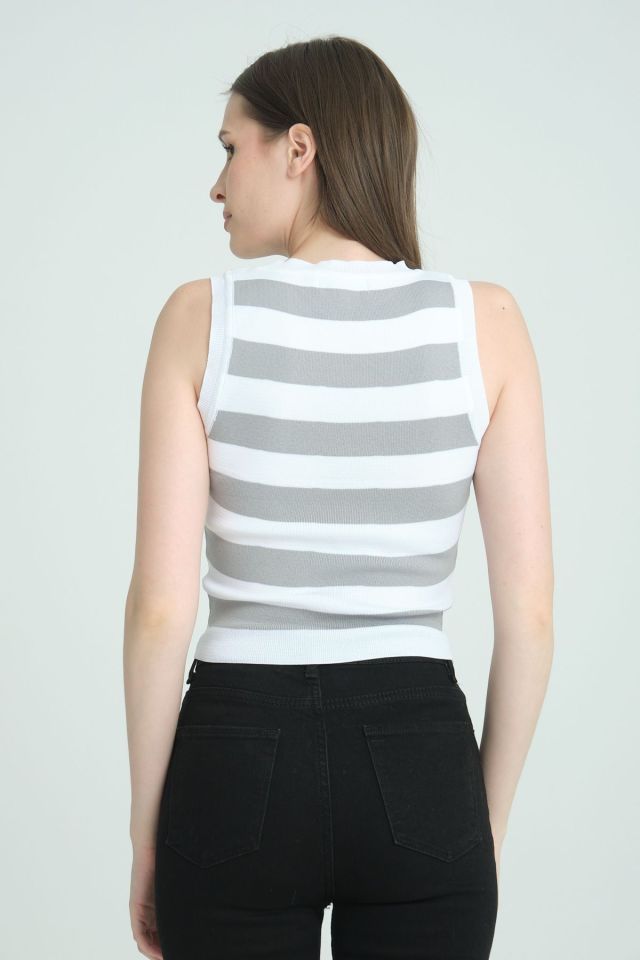 Çizgili Crop Kadın Triko GRİ ÇİZGİLİ