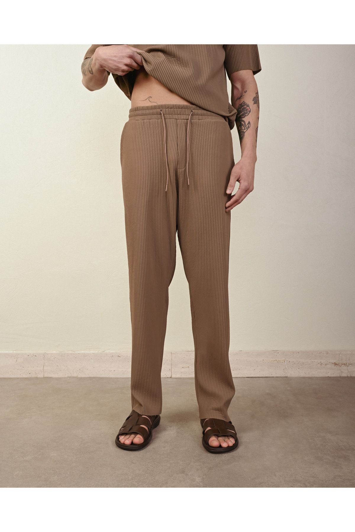 Fitilli Oversize Ottoman Pantolon KAHVERENGİ - M