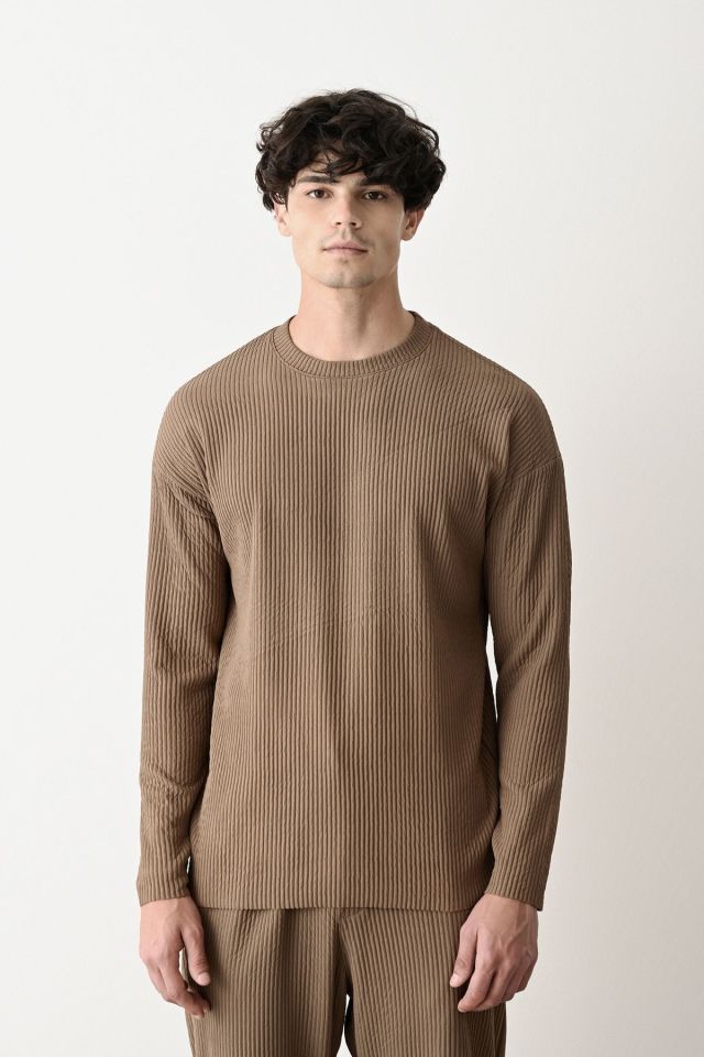 Erkek Oversize Fitilli Sweatshirt VİZON - M
