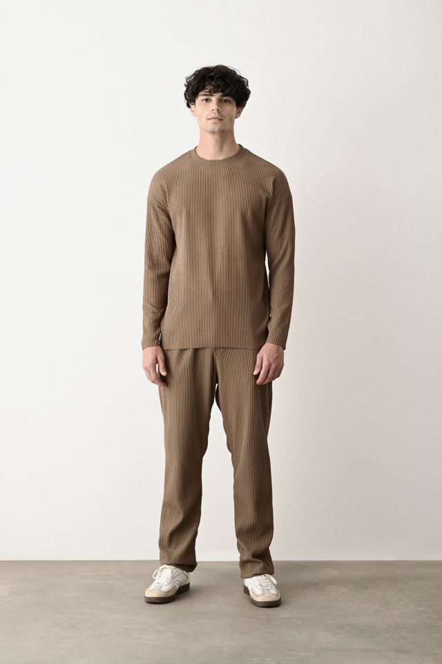 Erkek Oversize Fitilli Sweatshirt VİZON - M