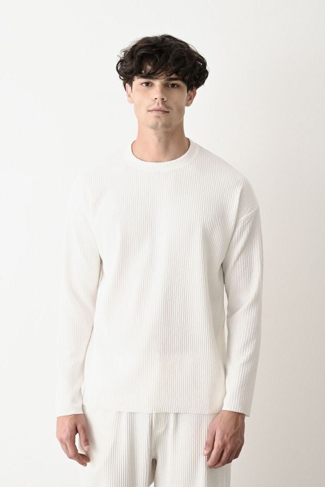 Erkek Oversize Fitilli Sweatshirt EKRU - M