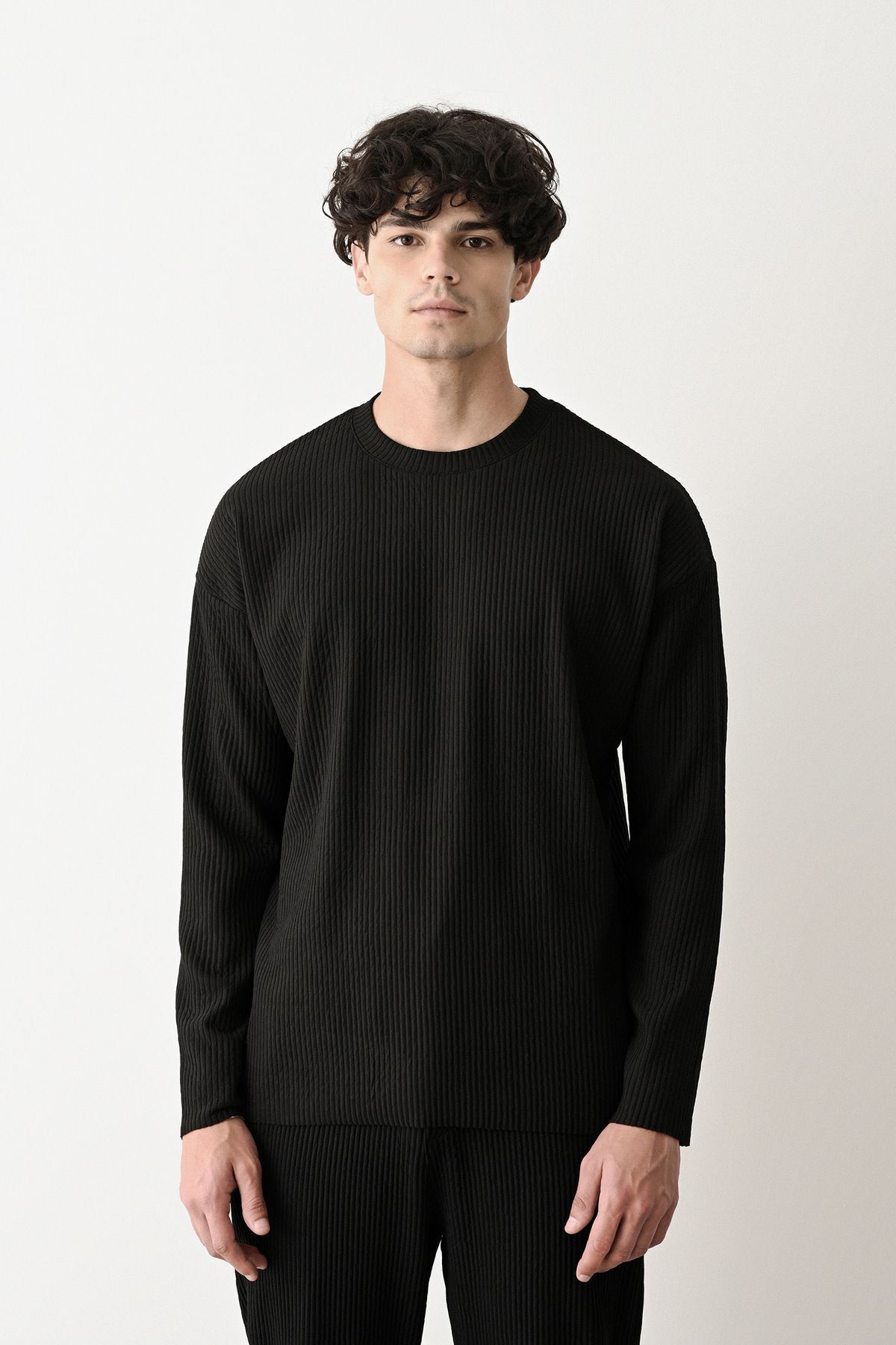 Erkek Oversize Fitilli Sweatshirt SİYAH - S